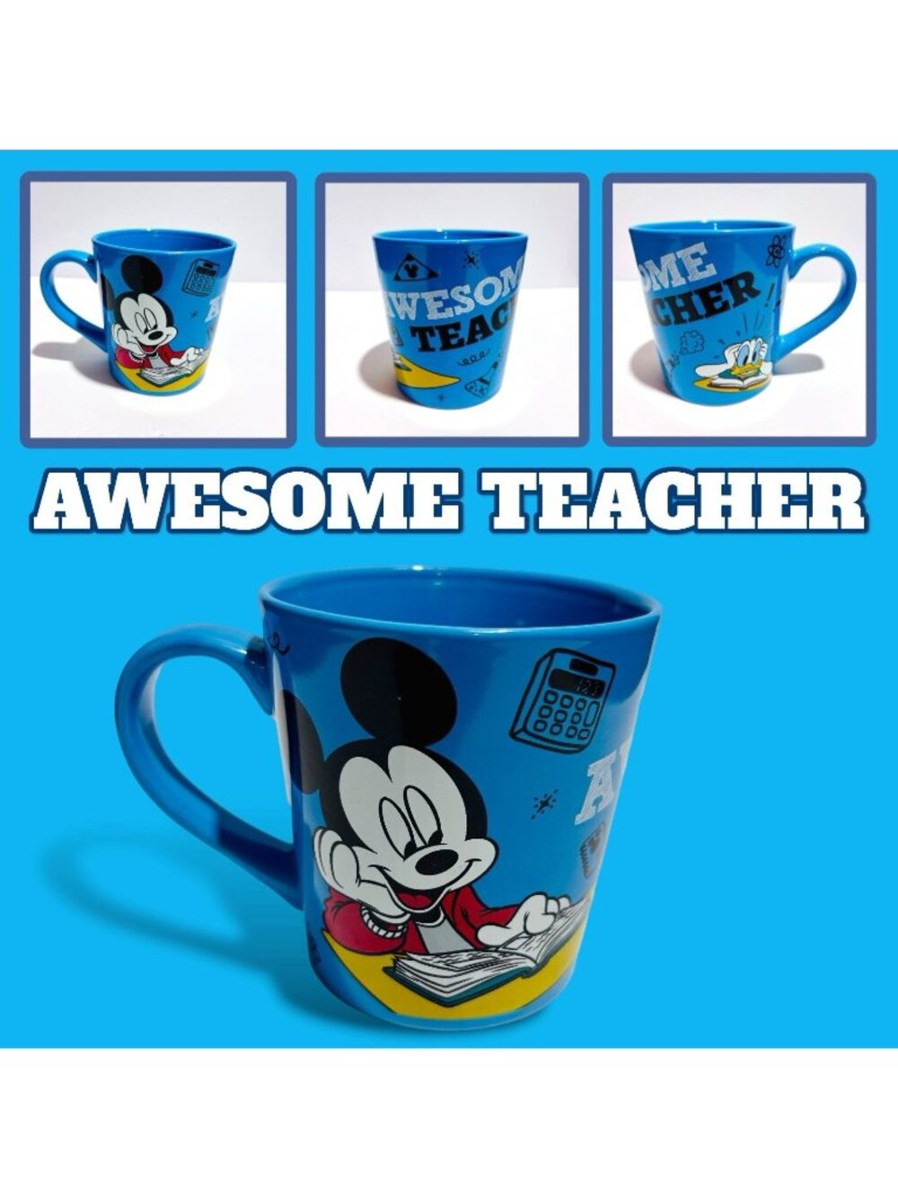 Disney Mickey Mouse Awesome Teacher 16 oz Blue  Coffee Mug Cup.